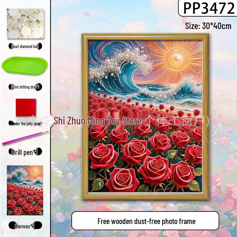 Handmade 3D Pearl Cross-Stitch Castle with Starry Sky Stickers and Indoor Decorative Frame