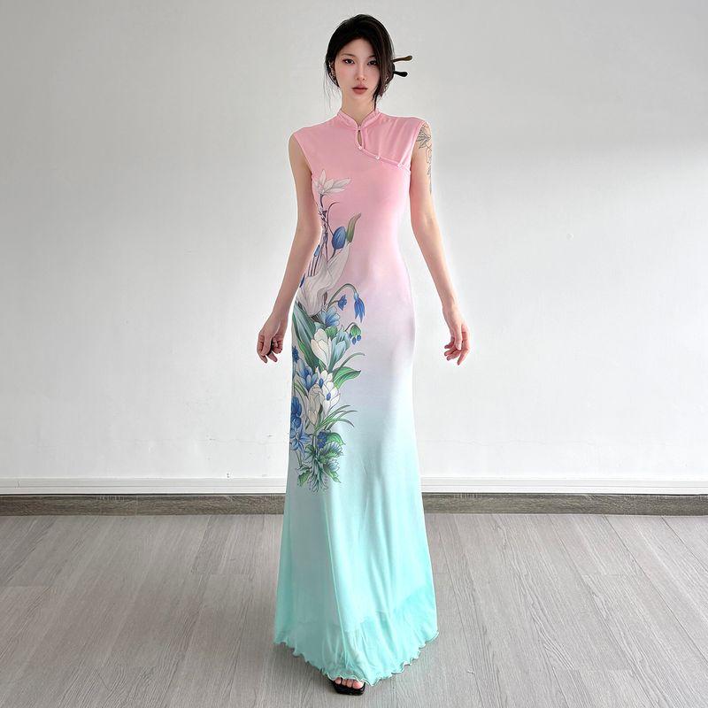 

European and American Women s Clothing New Chinese Style Pink and Green Gradient Plant Series Cheongsam Dress Pure Desire Cool Temperament Long Dress Flower color S