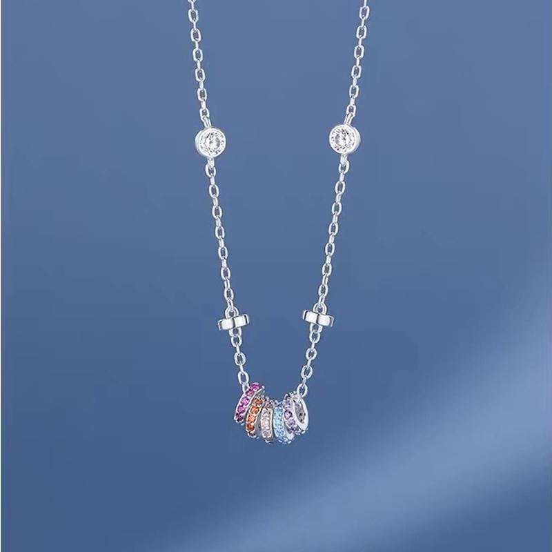 New 925 Sterling Silver Girls Handmade Round Colored Circled Choker Zircon Stone Necklace Simple Shaped Pendant Women's Wedding