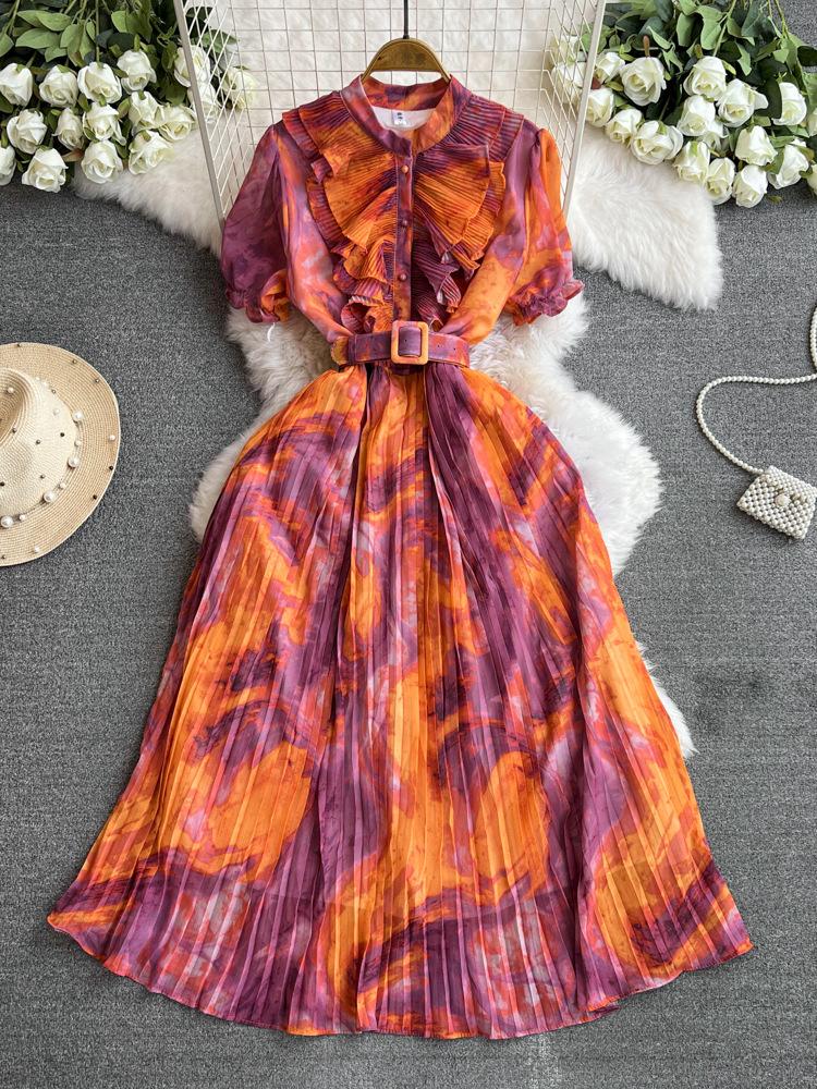 Holiday style French floral smudge dress women's summer new lace-up waist thin elegant pleated chiffon skirt