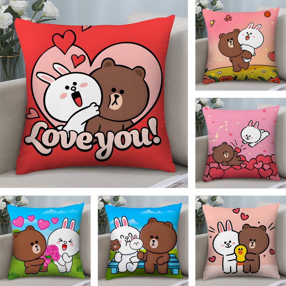 BBrown BearR And Cony Cute Cushion Cover Plush Fabric Soft DoubleSided Printed Sofa Warm Winter Home Child Gift Pillow Case