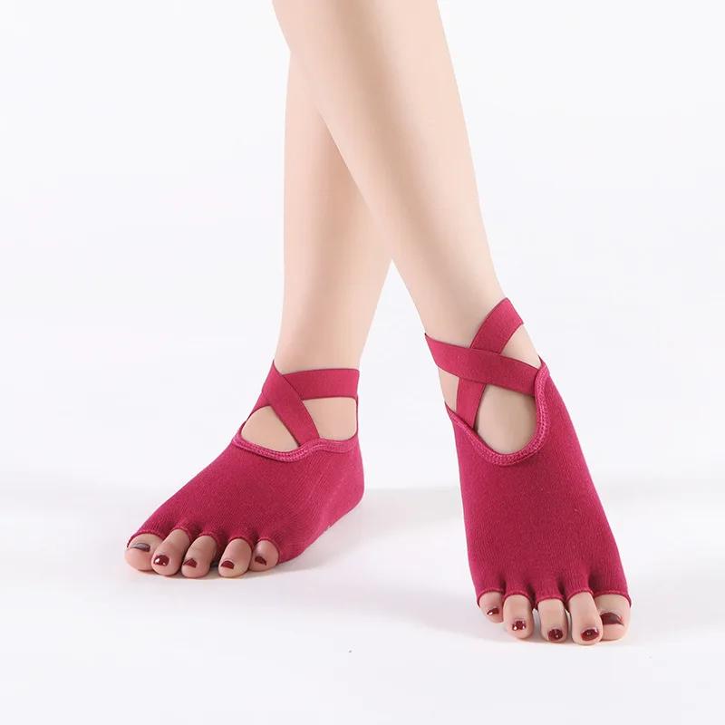 Women Toeless Yoga Socks with Grips Anti-Slip Bandage Sport Socks Ballet Dance Latin Barre Pilates Fitness Equipment Floor Socks
