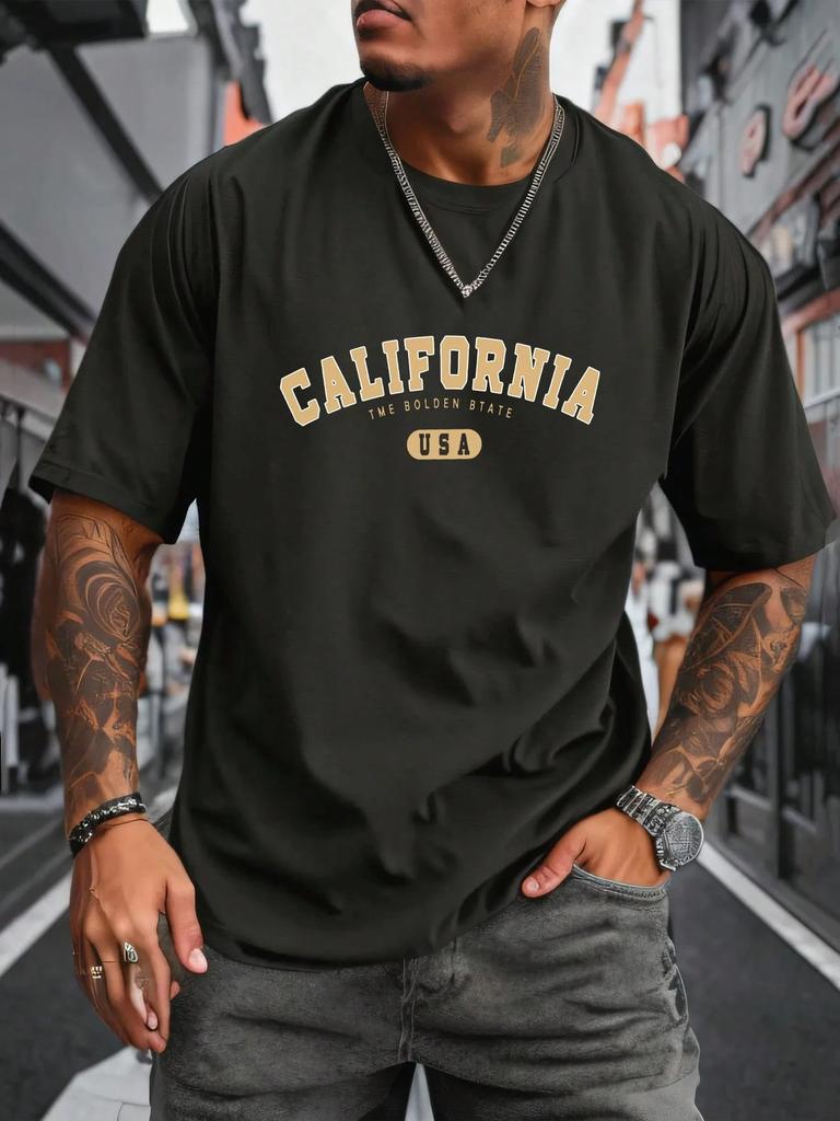 Mens Summer New 3D Tshirts Fashion California Letter Printed Loose Large Casual Comfortable Round Neck Short Sleeve Tshirt Top