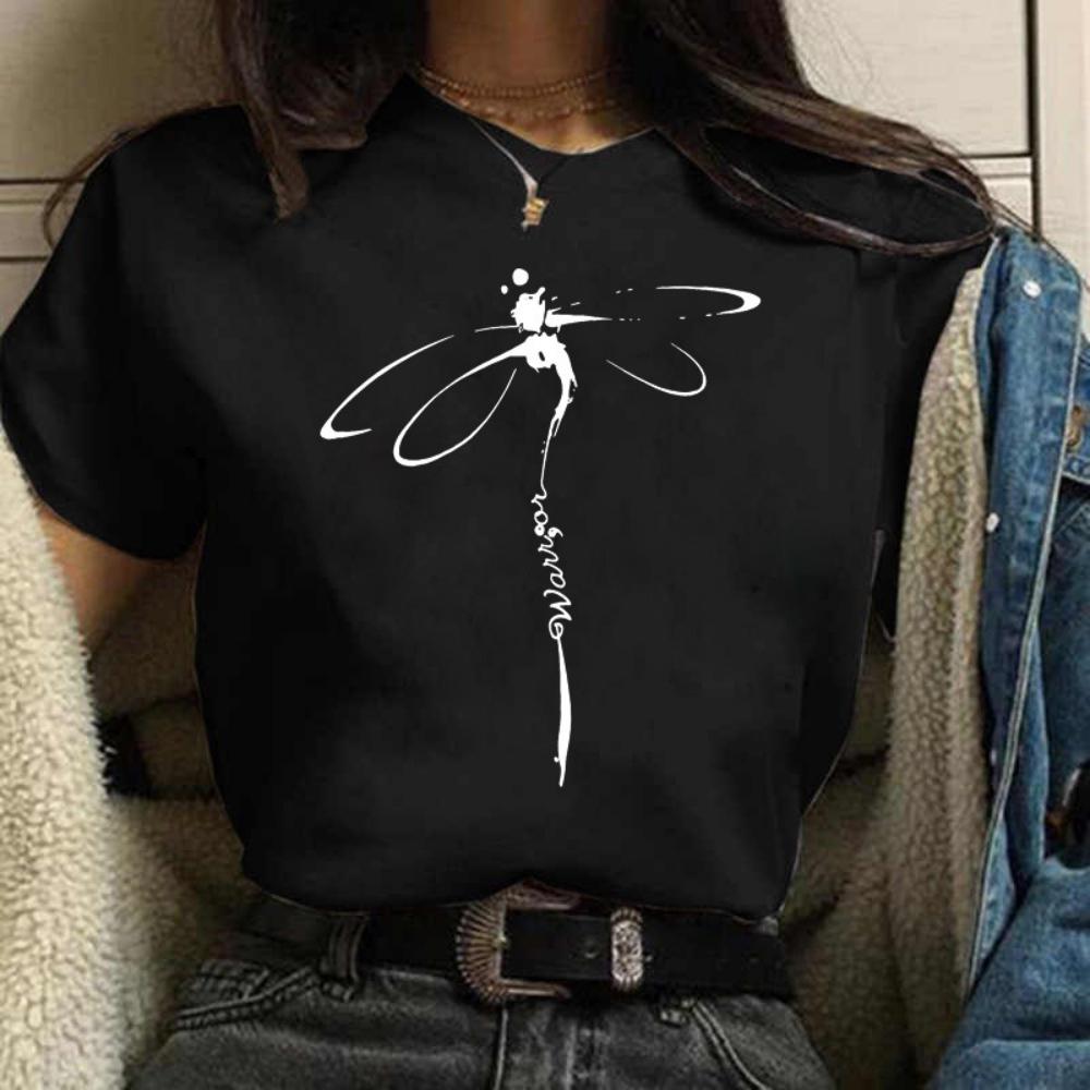 Y2K Harajuku Style Dragonfly Print Tshirt for Women Casual Loose Fit Fashion Tee Harajuku Top Daily Streetwear Plus Size S