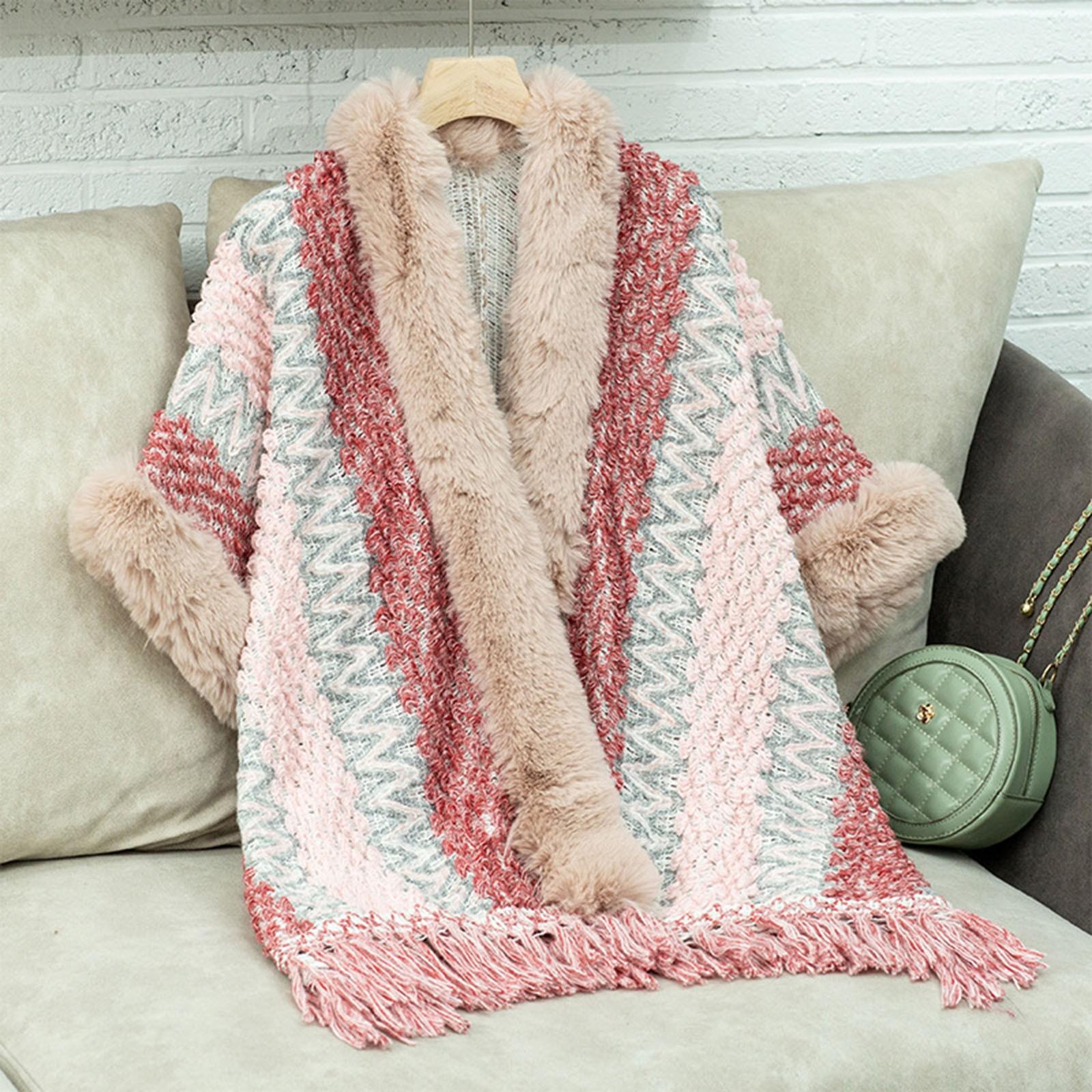 

Women s Fashion Striped Fringe Knitted Shawl Cape Cape All Over The Cape With Scarf Sweater One Size бежевый