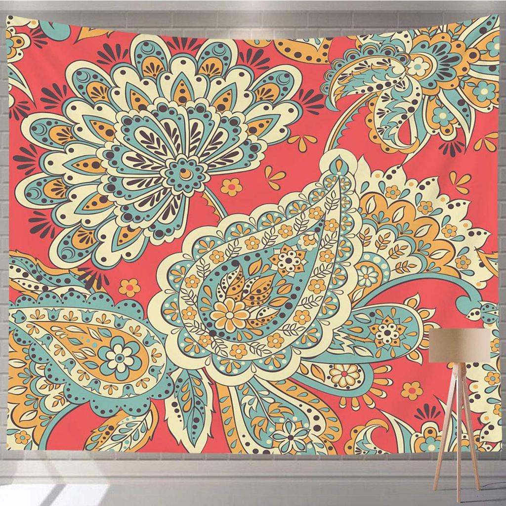 Ethnic Tapestry Colorful Flowers Paisley Motifs Style Nature Doodle Tapestry Wall Hanging Decor for Bedroom Living Room Dorm