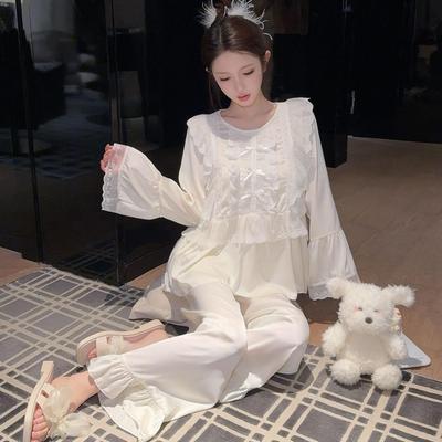Ice Silk Women's Pajamas - Lace Court Princess Style, Round Neck, Spring/Autumn Set, Trendy and Versatile for Indoors or Outside.