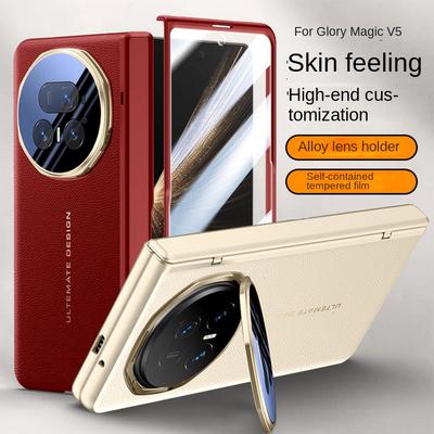 Leather With Privacy Screen Tempered Glass Protector Case For Honor Magic V 5 Magic V5 Spring Hinged Camera Holder Cover