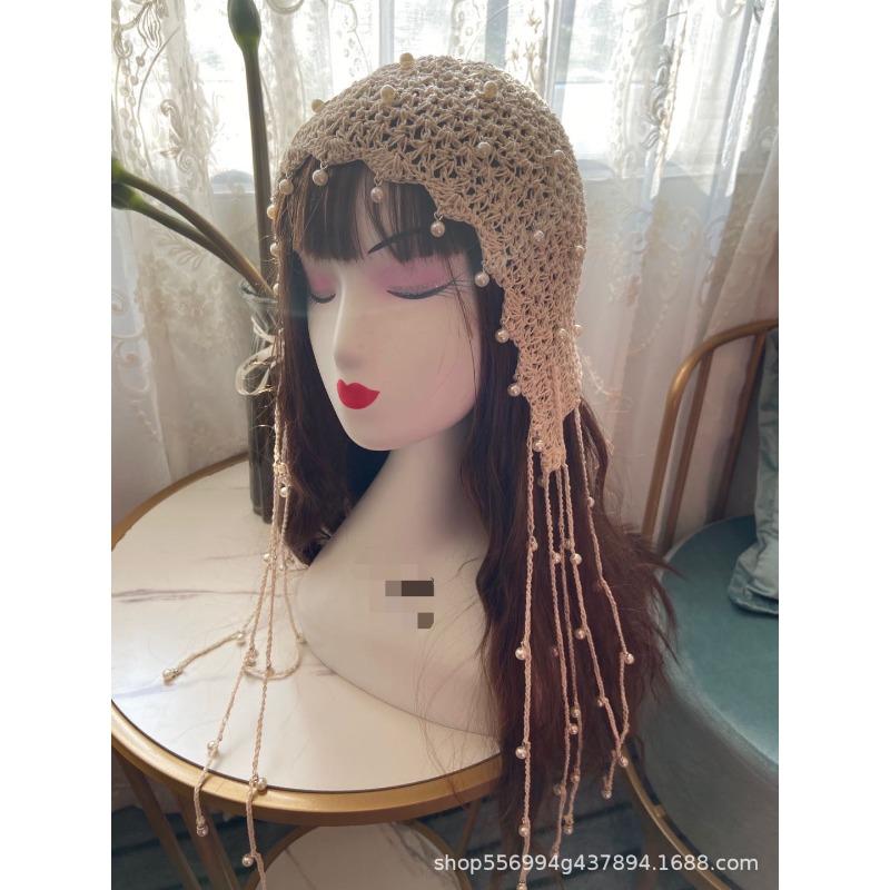 Spring and summer handmade hat women's pearl fringed hook knitted hat retro hollow headgear versatile headscarf hat