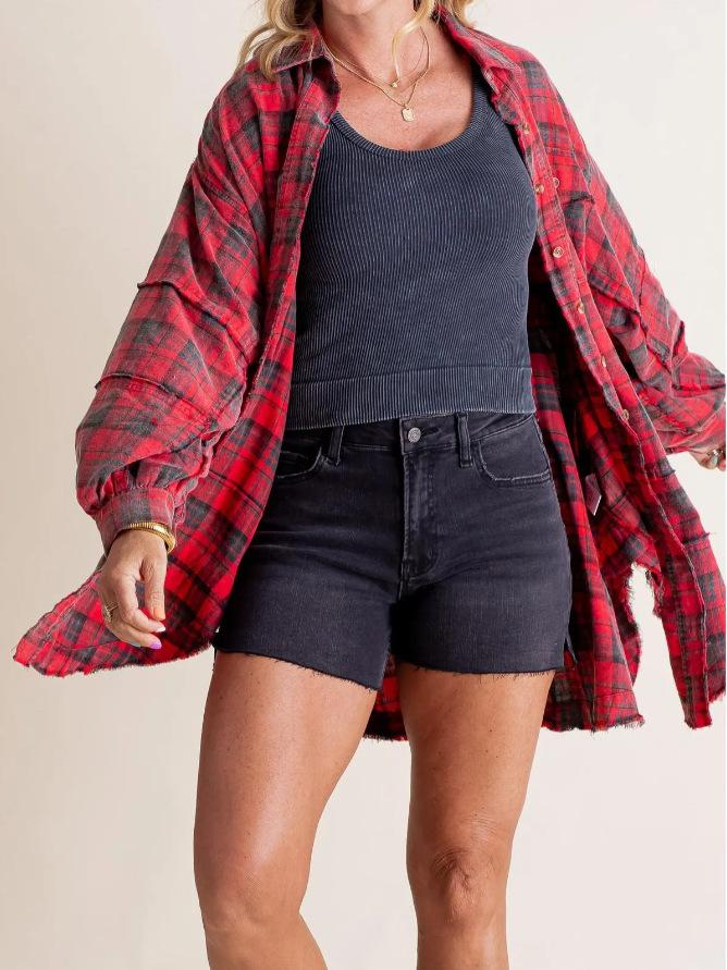 2026 Women s Autumn and Winter Amazon Raw Edge Lantern Sleeve Loose Button Plaid Shirt Loose S