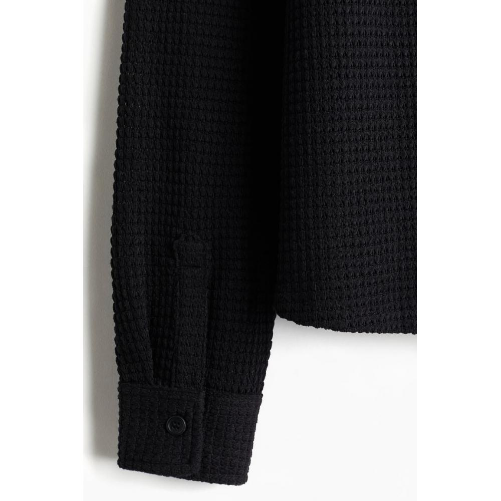 H M Regular Fit Waffle Textured sHirt Navy Blue