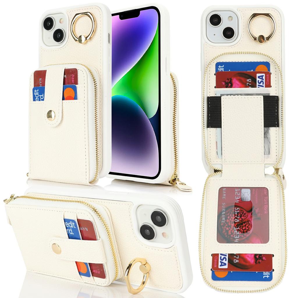 For iPhone 15 Plus/14 Plus Case with Zipper Pouch/Ring Kickstand/Strap Litchi Texture PU+TPU Phone Cover