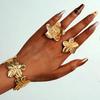 3Pcs Women's Gold Color Flower Bracelet Rings Sets Trendy Waterproof Chunky Metal Bangle Rings Wedding Party Jewelry Accessories