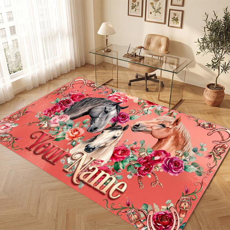Horse Theme Soft Crystal Velvet Rug Custom Name & Text Print Non Slip Floor Rug for Bedroom Living Room