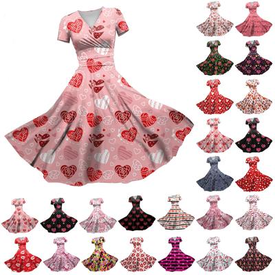 Vestido de princesa sexy para mujer, escote en V, estampado para el día de San Valentín, cintura ajustada, plisado, manga corta
