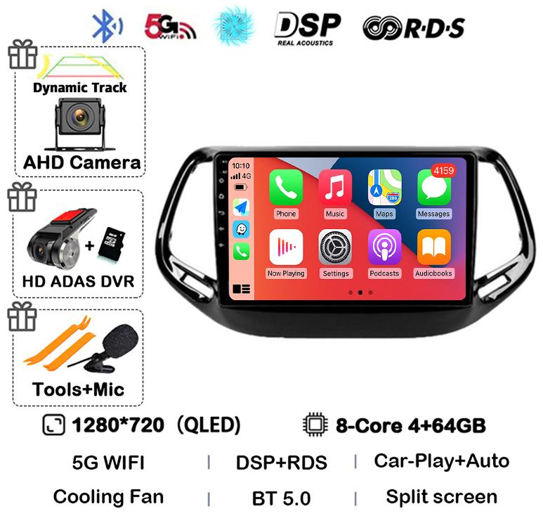 Android 14 Carplay Auto Car Radio For Jeep Compass 2017 2018 2019 GPS Navigation Stereo Multimedia Video Player 360 Camera WIFI