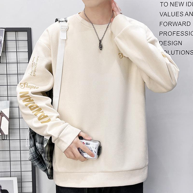 Men's Long-sleeved T-shirt Spring and Autumn Ins Round Neck Suede Printed Sweatshirt Men's Bottoming Shirt Tops Teenagers