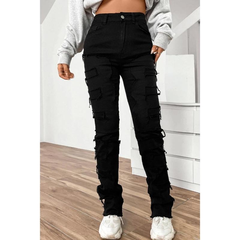 Fashion jeans women's new patch laminated straight trousers