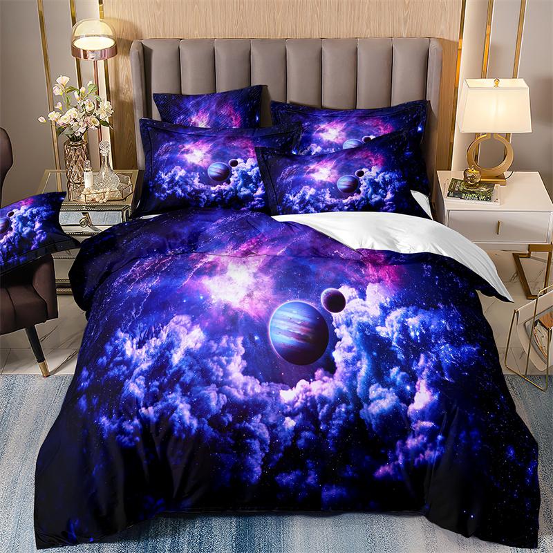 Starry Sky Bedding Set For Boys, Quilt Cover And Pillowcases, Double Duvet Cover Set, Luxury Bedding Set, Galaxy, 135x200 Purple