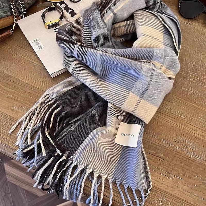 Korean Style Tassel Thick Thermal Scarf Women Winter Plaid Print Long Warm Shawl Costume Accessories