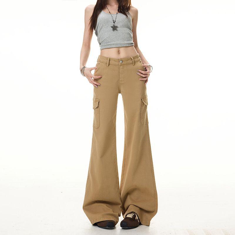 Spring Summer Classic Khaki Big Pocket Low Waist Cotton Stretch Casual Cargo Denim Pants For Ladies Casual Pants Oversize Denim Trousers