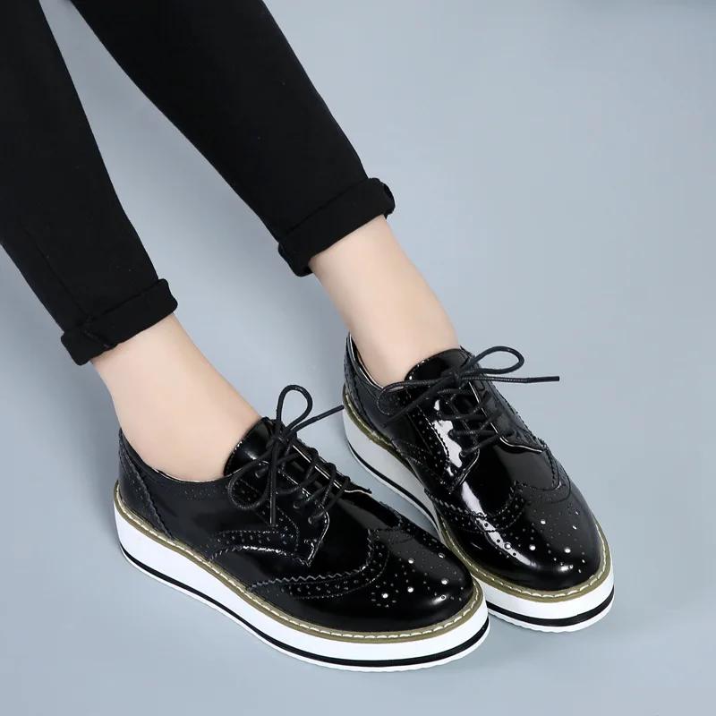 Fashion Women Platform Flats Leather Lace Up Classic Bullock Footwear Female 2025 Spring Autumn Oxford Shoes Plus Size 43 Zapatos Mujer