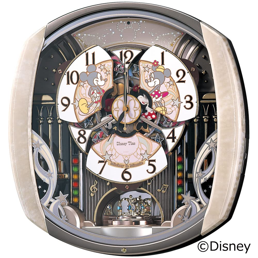 Seiko Clock a mechanical clock featuring Disney characters Mickey Mouse and Minnie featuring 6 a rotating and a pale pink marbled FW563A,