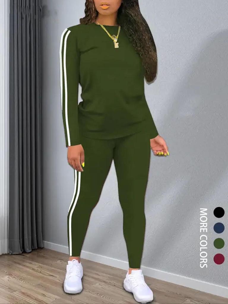 Women's Casual Two-Piece Sportswear Set: Long-Sleeve Top & Slim-Fit Pants with Side Stripes, Multi-Color Options