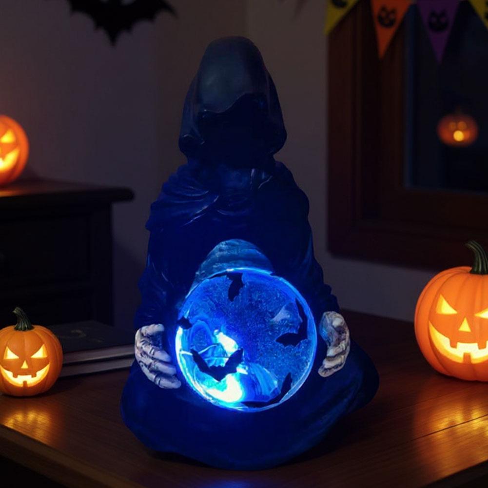 The Death Gods Crystal Ball Gothic Figurine with Flying Bats Crystal Ball Grim Reaper Figurine Halloween Decorations