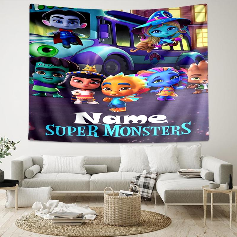 Custom Name Super Monsters Print Tapestry, Backdrop, Easy Setup, Ideal for Bedroom, Office & Living Room, with Aesthetic Wall Hanging Decor.