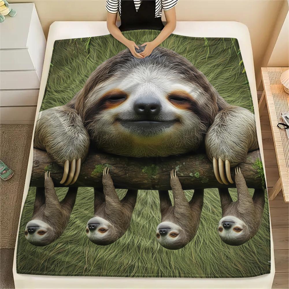1Pc Fox and Sloth Print Flannel Blanket, High quality Comfortable for All Seasons, Home Decor, Warmth and Comfort, Perfect for Gifts