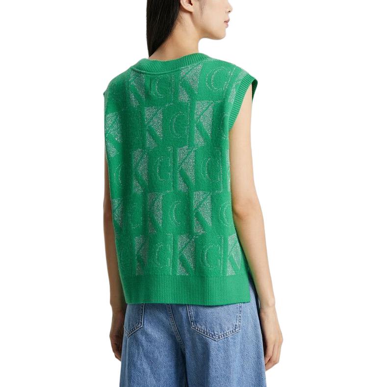 Calvin Klein Letter Jacquard Single-Breasted V-Neck Sleeveless Cardigan Women cardigans Emerald-Green J222304-LGP