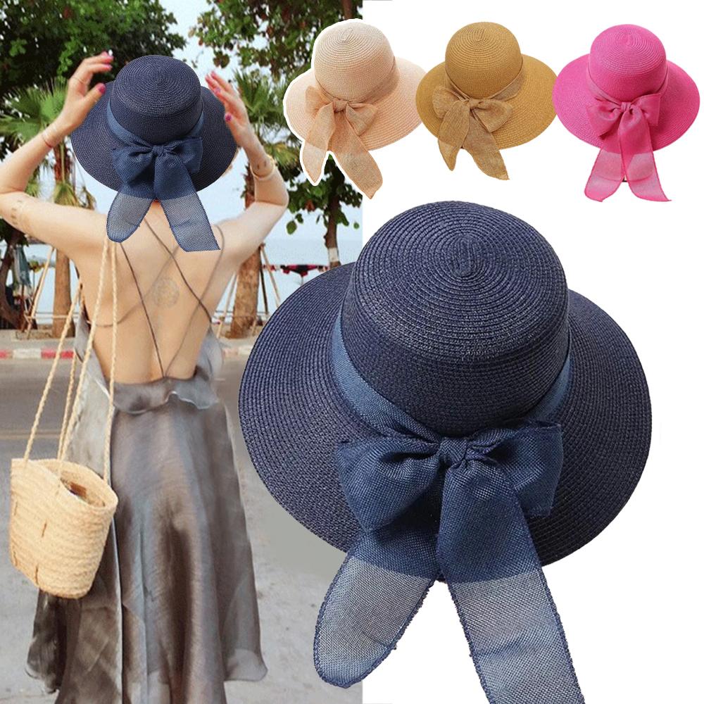 2024 New Summer Sunscreen Hat Bowknot Straw Hat for Women Fashion Wide Brim Sunhat Beach Cap Outdoor Foldable Sweet Breathable