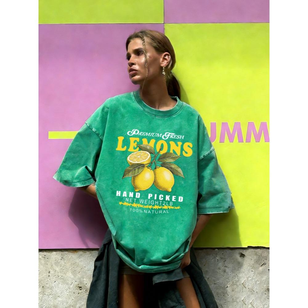 Hand Picked Natural Lemons Prints Washed Tee Shirts Summer O-Neck Short Sleeve Breathable Cotton Top Loose T-Shirt