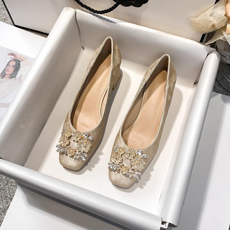 Fashion Woman High Heels Square Toe Rhinestone Fashion 2025 New Spring/Summer Satin Shallow Mouth  Women's Shoes Elegant Banquet Pumps