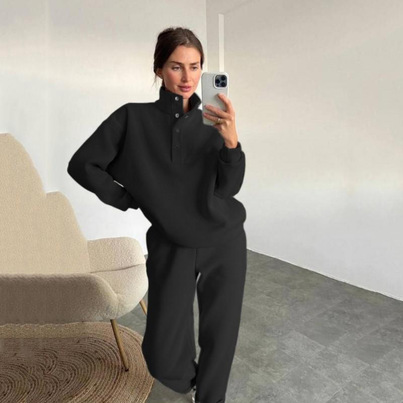 Heiße Mode Damenkleidung Modische Knöpfe Stehkragen Pullover Lockere Hosen