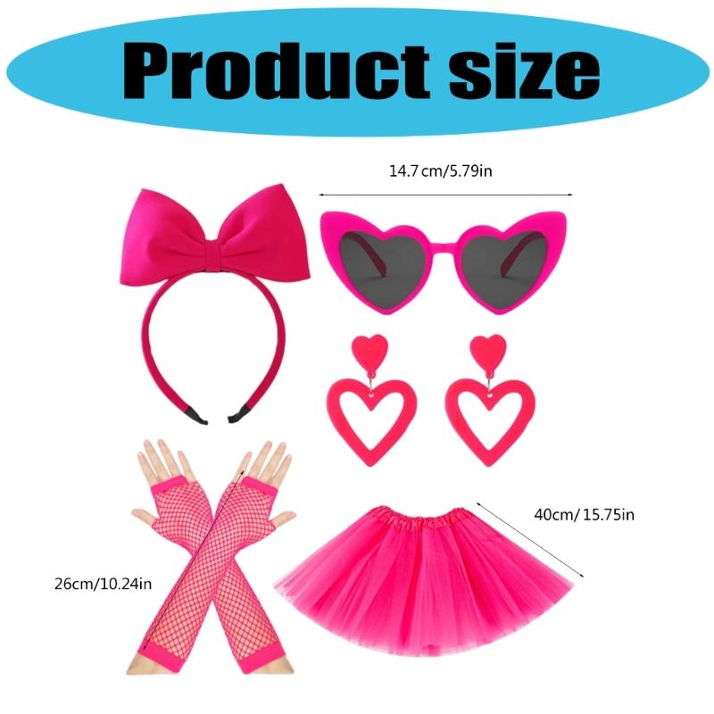 5Pcs 80s Costume Accessories for Women Princess Bows Headband Earrings Tutus Skirt Sunglasses Fishnet Gloves 80s Outfits