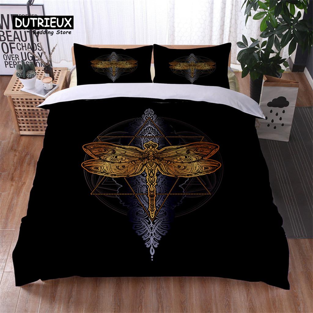 Bohemian Geometric Pattern Bedding Set Dragonfly Chic Mandala Floral Duvet Cover With Pillowcases For Kids Adults Bedroom Decor