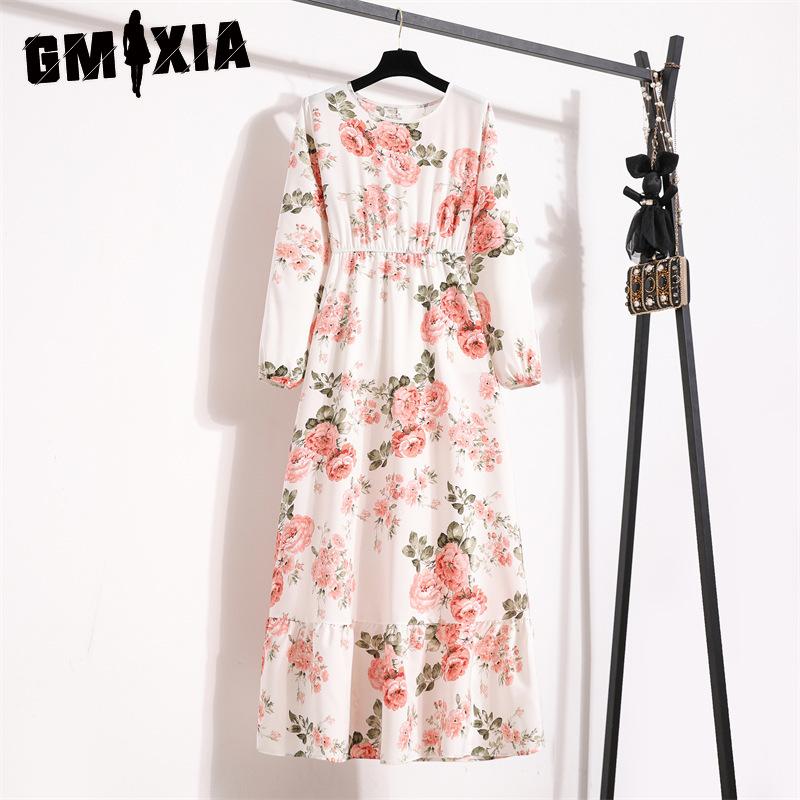 GMXIA 25 Colors Spring Women Maxi Dresses Casual Long Sleeve Floral Print O-Neck Ladies Long Dress Bohe Beach Party Mujer Vestidos Muslim Dress
