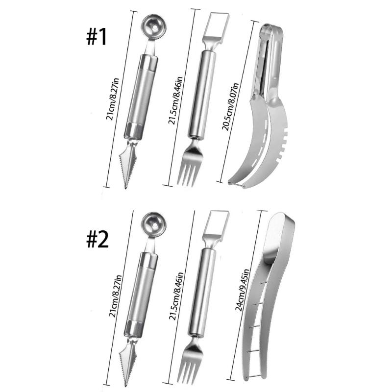 Set di 3 Utensili Professionali in Acciaio per Tagliare la Frutta Include Affettatori per Cubetti di Anguria e Cucchiaio-Forchetta per Palline di Melone