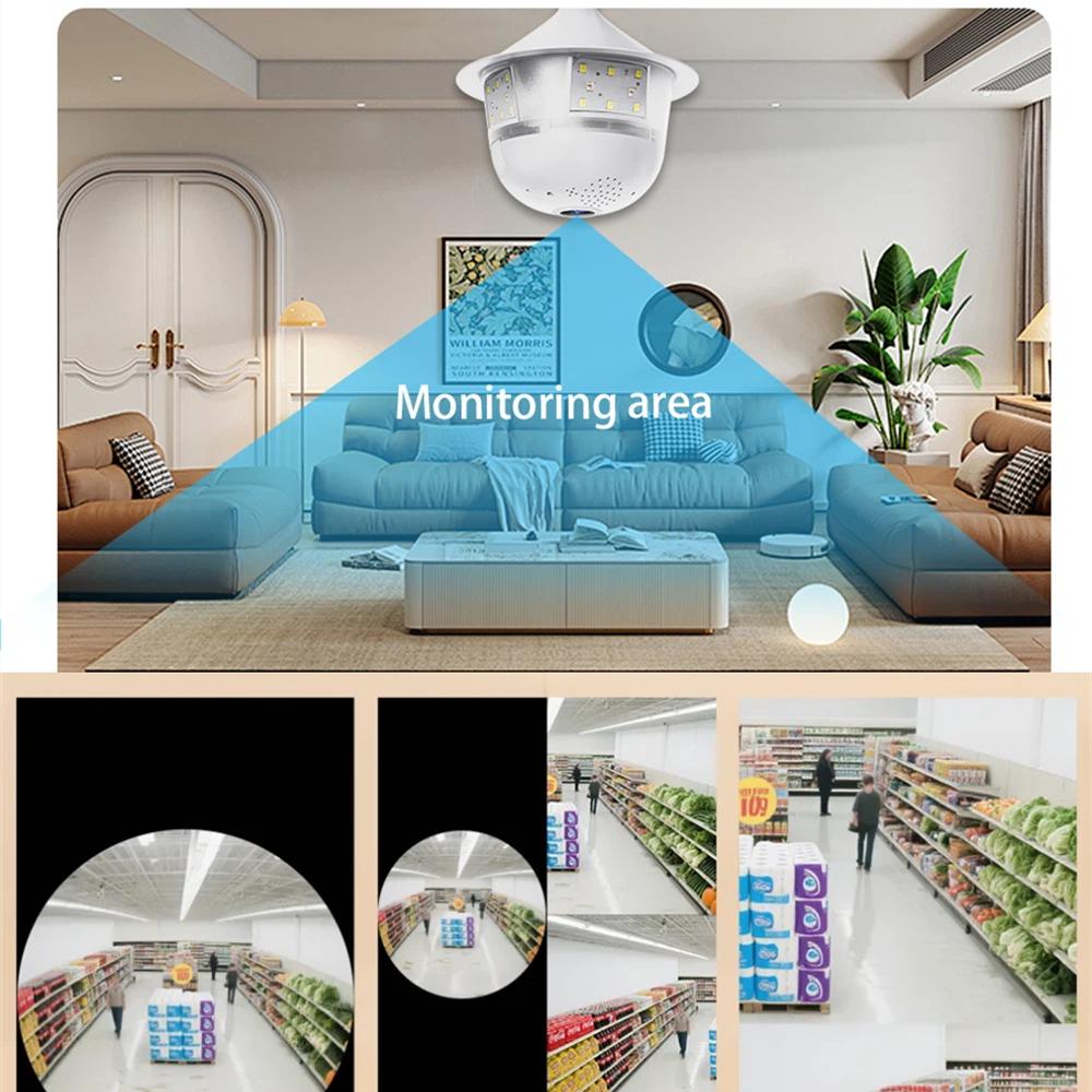 Telecamera di Sicurezza a Lampadina E27 WiFi da 5MP, Visione Notturna a Colori, Audio Bidirezionale, Tracciamento Automatico Wireless, Obiettivo Fisheye
