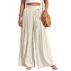Damen High Waist Weiter Bein Baumwolle Leinen Hose Farbe Falten Casual Hose