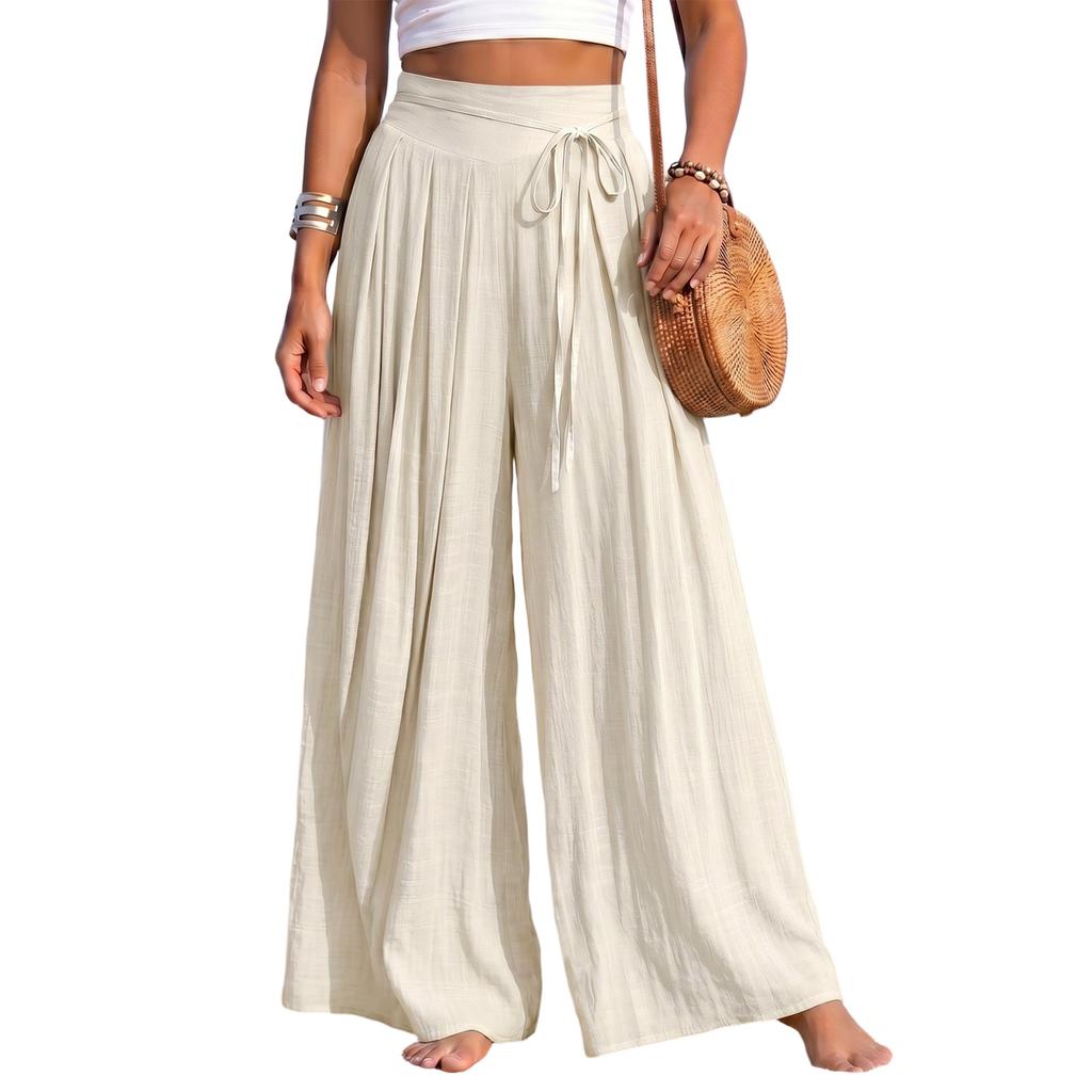 Damen High Waist Weiter Bein Baumwolle Leinen Hose Farbe Falten Casual Hose