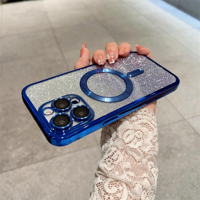 Glitzernde magnetische kabellose Ladehülle für iPhone 14 13 12 11 Pro Max Xs Max Xr X 14 Plus, stoßfeste, durchsichtige Beschichtung