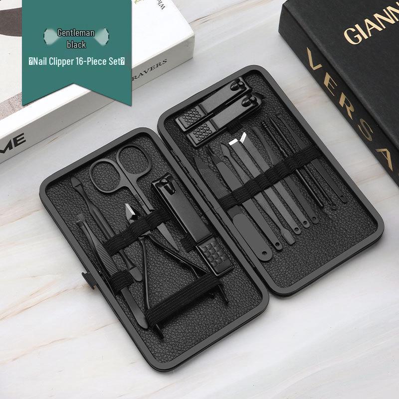 18-Piece Black Stainless Steel Nail Care Set: Clippers, Pedicure Tools, Tweezers, and Blackhead Removers