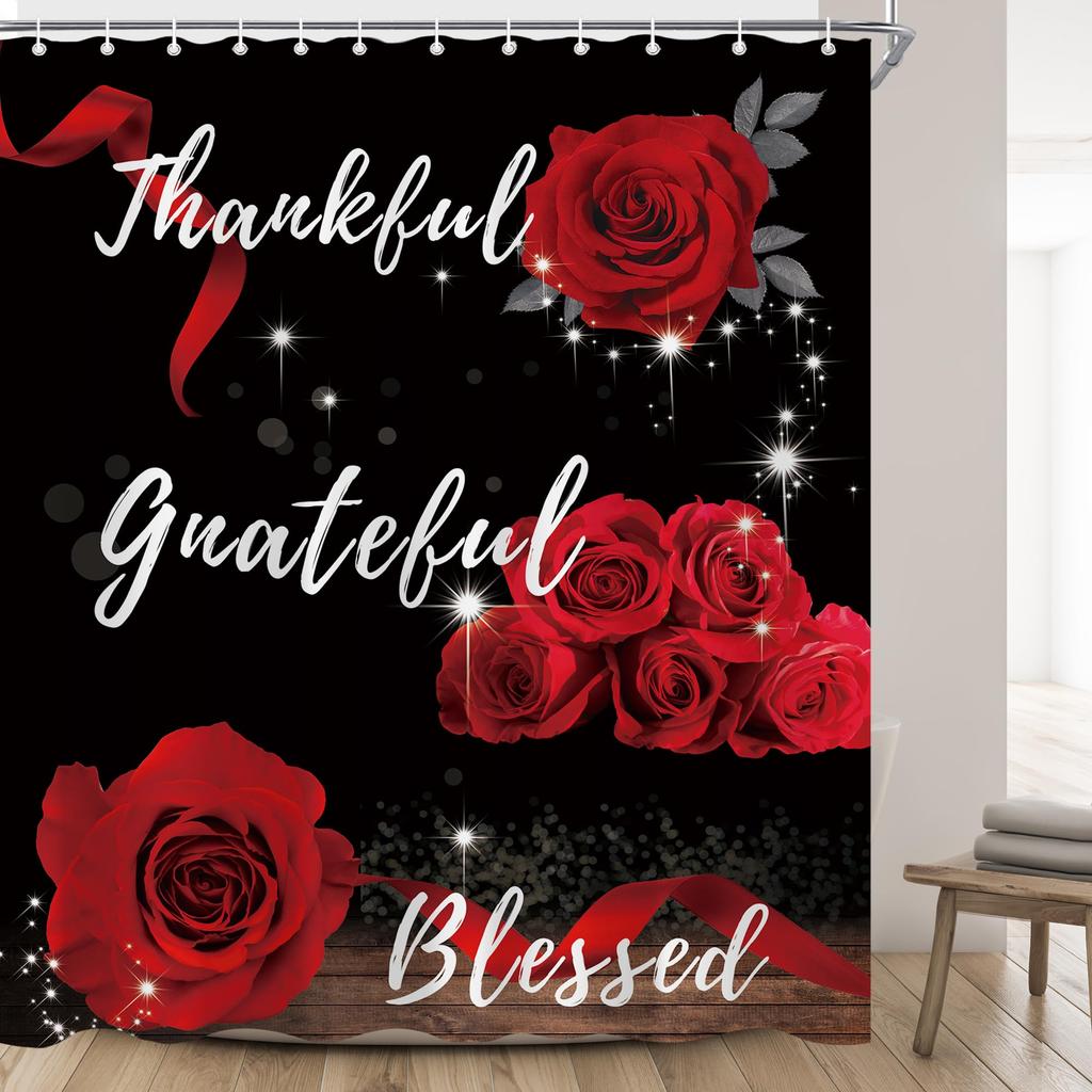 Red Rose Shower Curtain Botanical Floral Romantic Flower Valentine Girls Bathroom Curtain Decor Waterproof Fabric Include Hooks
