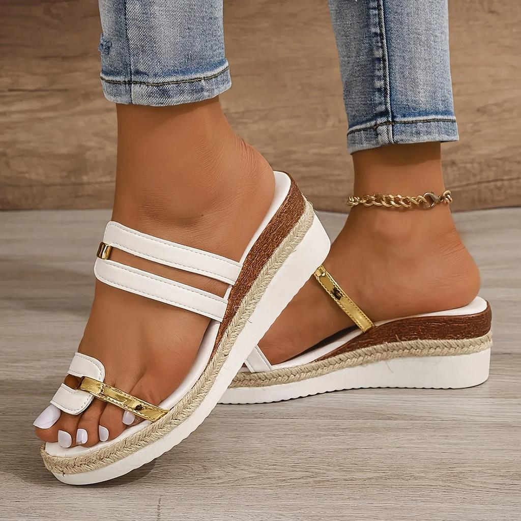 Fashion Summer Casual Color Blocking Sandals For Women Dressy Comfortable Soft Leather Thick Soled Slope Woven Straw Sandals 36-43
