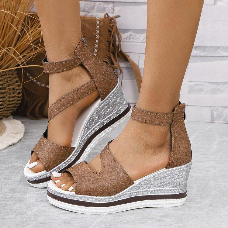 Fashionable brown cross-belt thick-soled wedge sandals, comfortable and increased women's shoes