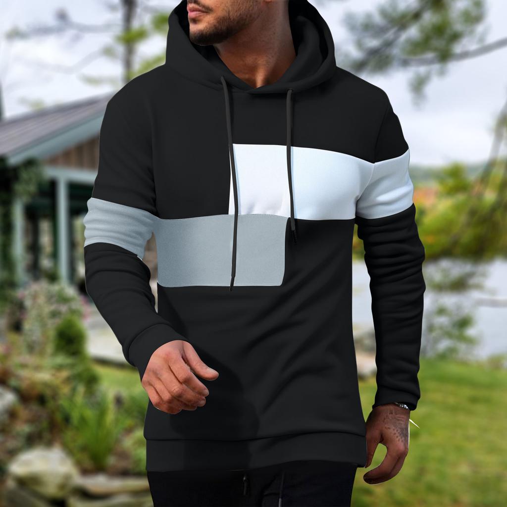 Men's Fashion Colorblock Sweatshirt Men's Drawstring Ribbed Closure Hoodie