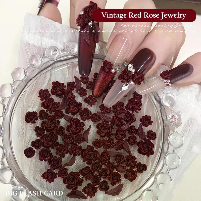 50pcs Red Rose Nail Art Charms 3d Leaves Flowers Nail Decorations Accessories For Nails Diy